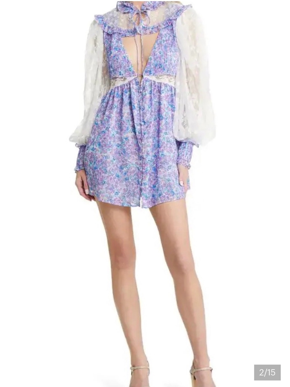 For Love & Lemons Lavender-Blue Floral Lace Mini Dress - Picture 2 of 13